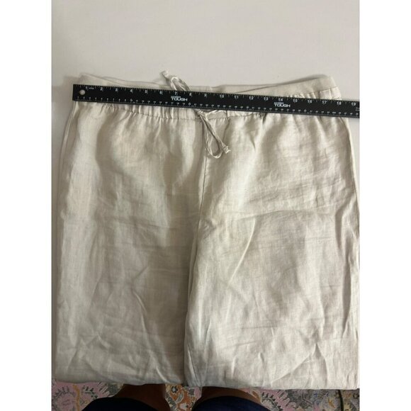 Ellen Tracy Sz L Beige 100% Linen Pants Roll Cuff Gold Buckle - Picture 8 of 9